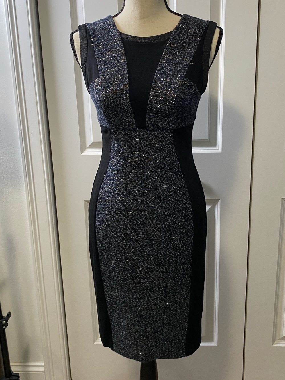 Yoana Baraschi Black and Blue/GoldTweed Midi Sheath Dress